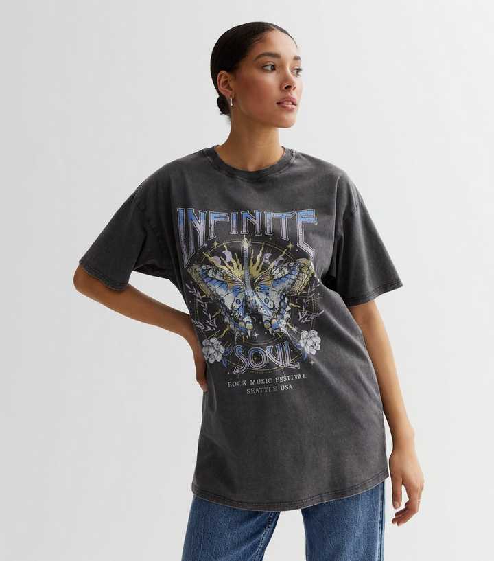 Månenytår Intermediate chauffør Dark Grey Acid Wash Cotton Infinite Soul Oversized Logo T-Shirt | New Look