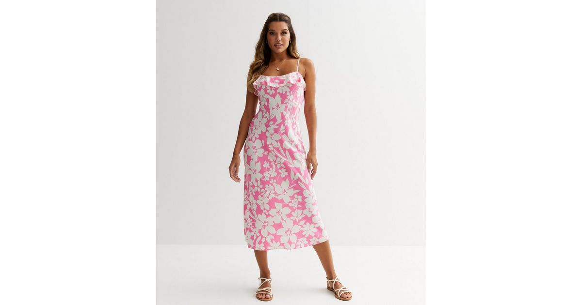 Pink Floral Frill Midi Slip Dress | New Look