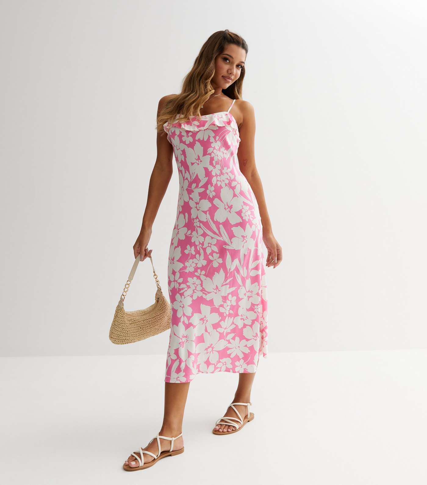 Pink Floral Frill Midi Slip Dress Image 2