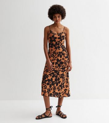 Brown Floral Strappy Midi Dress New Look