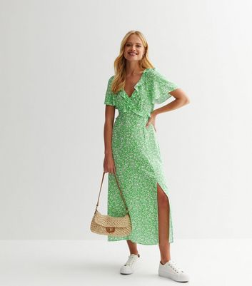 Green Ditsy Floral Ruffle Midaxi Dress New Look