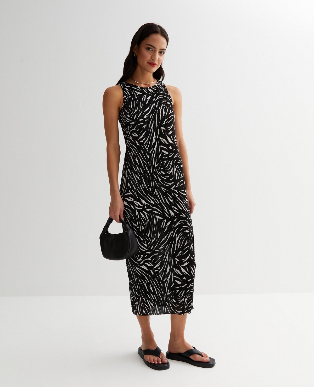 Women's Black Zebra Print Plissé Sleeveless Midi Dress New Look