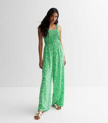 Green Ditsy Floral Ruched Strappy Jumpsuit