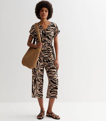 Black Zebra Print Short Sleeve Utility Jumpsuit New Look