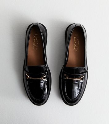 Black Patent Snaffle Trim Loafers New Look