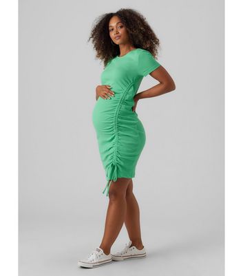 Mamalicious Maternity Green Ribbed Ruched Mini Dress New Look