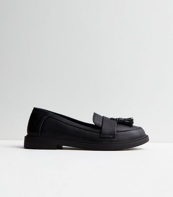 Black Leather-Look Tassel Trim Loafers New Look