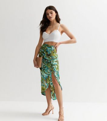 Gini London Green Tropical Ruched Split Midi Skirt