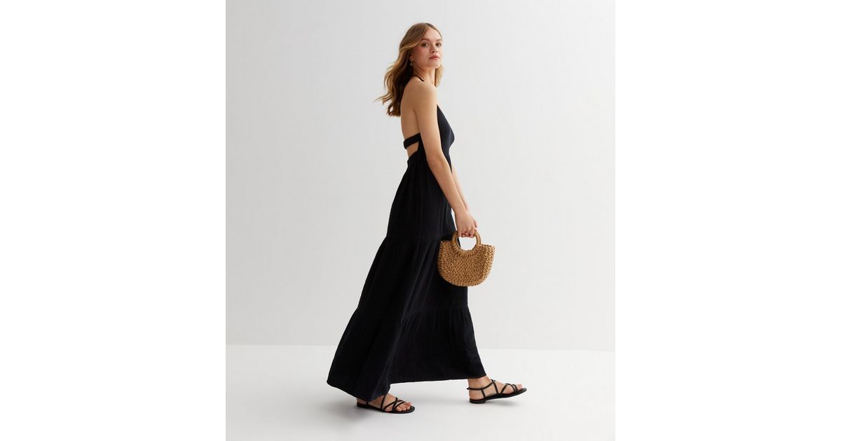 Black Cotton Halter Neck Maxi Dress New Look