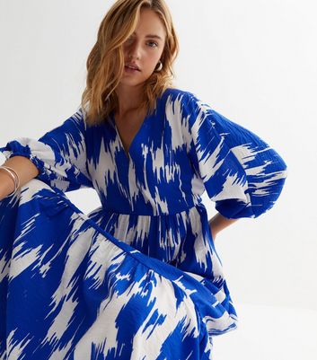 Blue Abstract Smock Midaxi Dress New Look