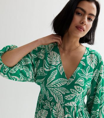 Green Leaf Print Puff Sleeve Smock Midi Dress New Look