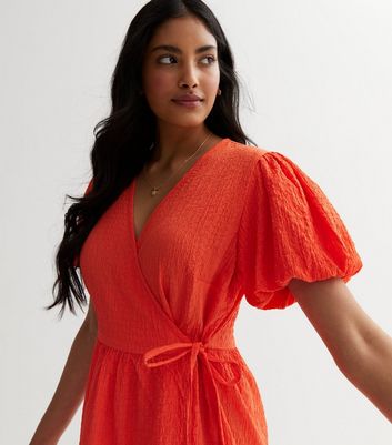 Bright Orange Tiered Smock Wrap Mini Dress New Look