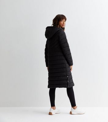 Long black puffer coat cheap with hood