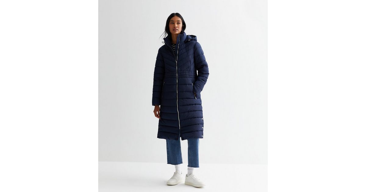 Navy Lightweight Longline Hooded Puffer Coat New Look