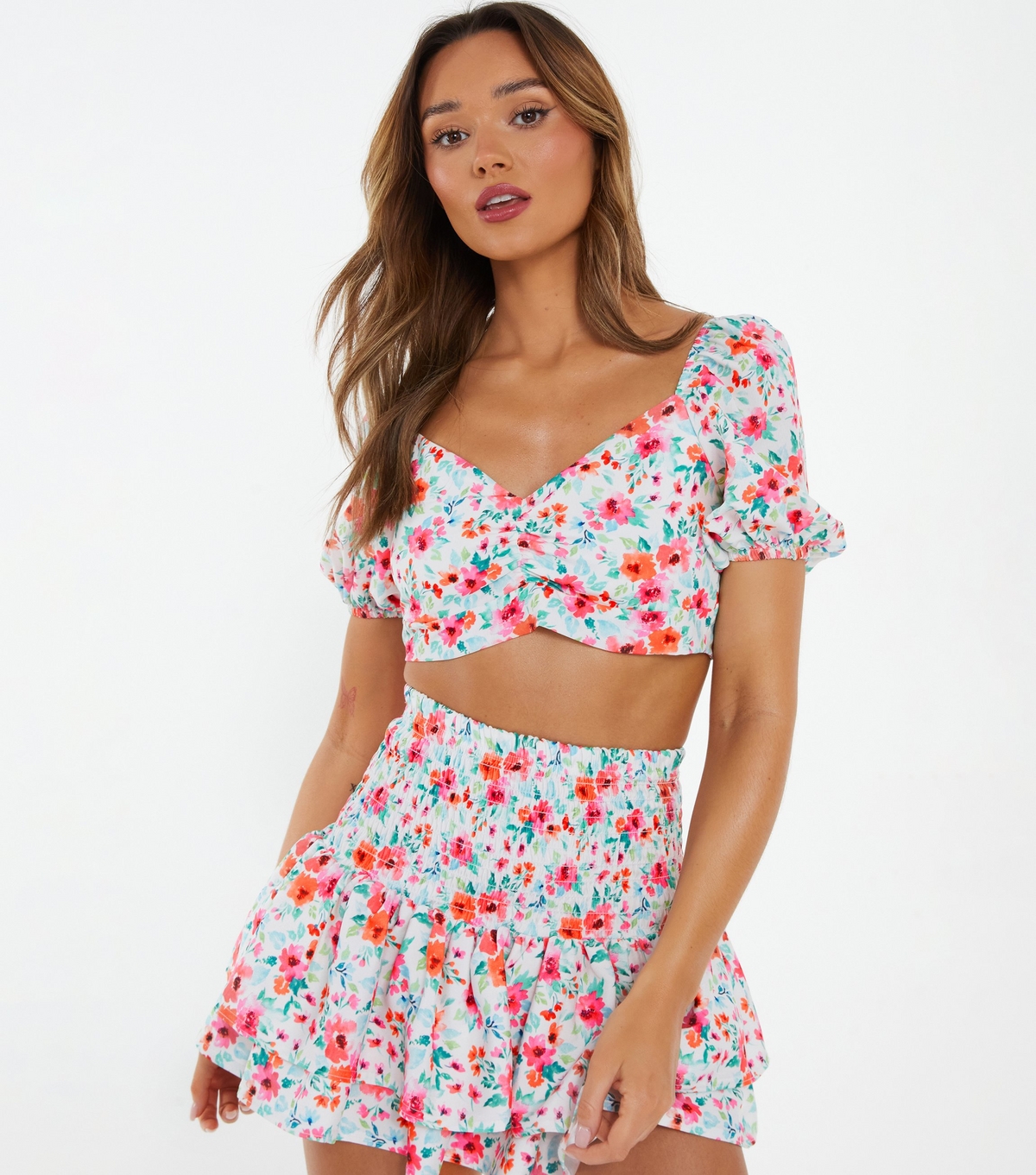 Women's Multicoloured Ditsy Floral Frill Sleeve Crop Top Quiz New Look