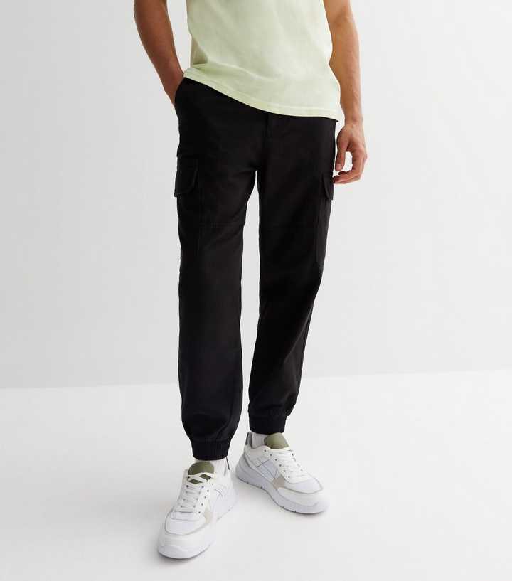 Black Cotton Relaxed Fit Cuffed Crop Cargo Trousers