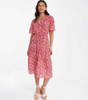 QUIZ Red Ditsy Floral Tiered Midi Dress