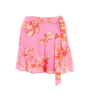 QUIZ Pink Floral High Waist Belted Shorts New Look