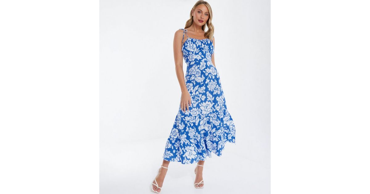 QUIZ Bright Blue Floral Strappy Midi Dress New Look