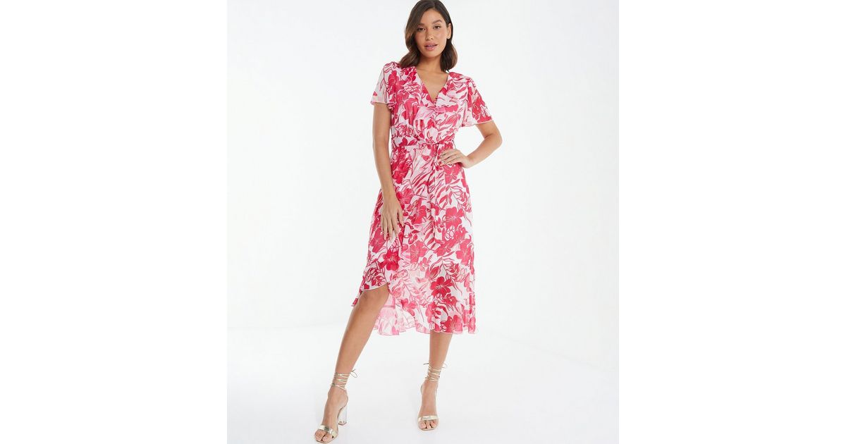 QUIZ Pink Floral Wrap Midi Dress New Look