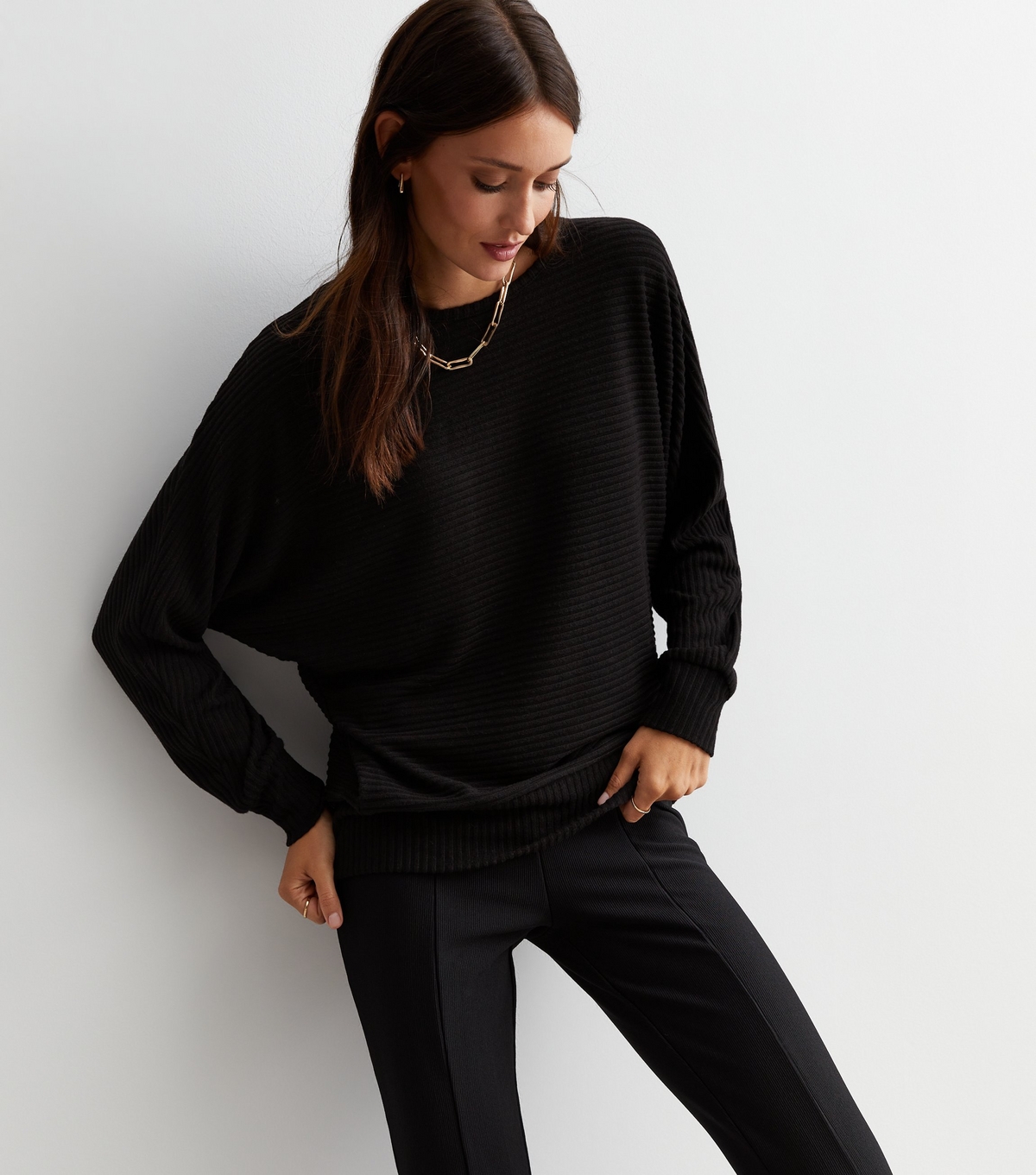 Women's Black Ribbed Knit Batwing Top New Look