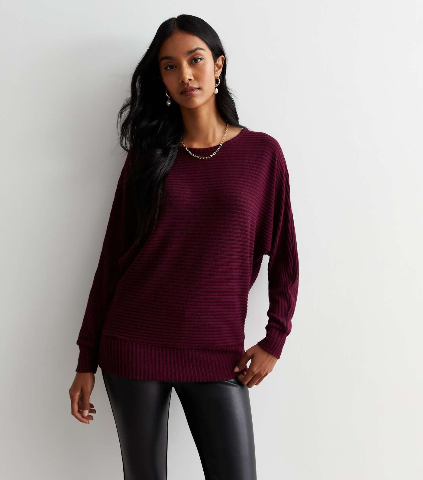Burgundy Ribbed Knit Batwing Top