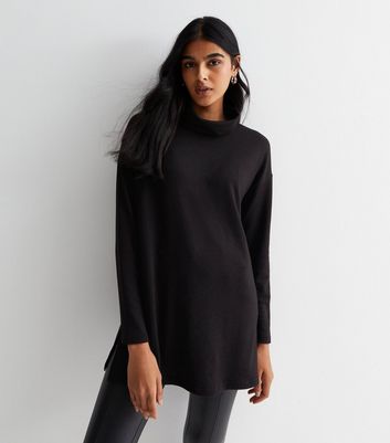 Black Brushed Fine Knit Cowl Neck Long Jumper