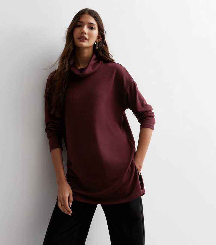 Burgundy Brushed Fine Knit Cowl Neck Long Jumper