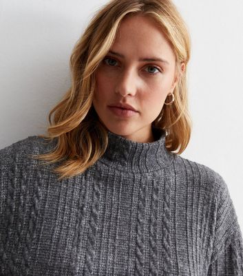 Grey Cable Knit High Neck Boxy Jumper New Look