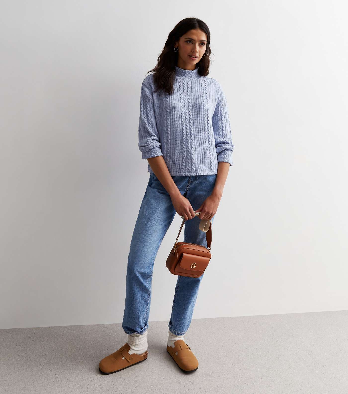 Blue Cable Knit High Neck Boxy Jumper Image 2