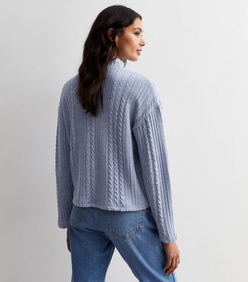 Blue Cable Knit High Neck Boxy Jumper New Look