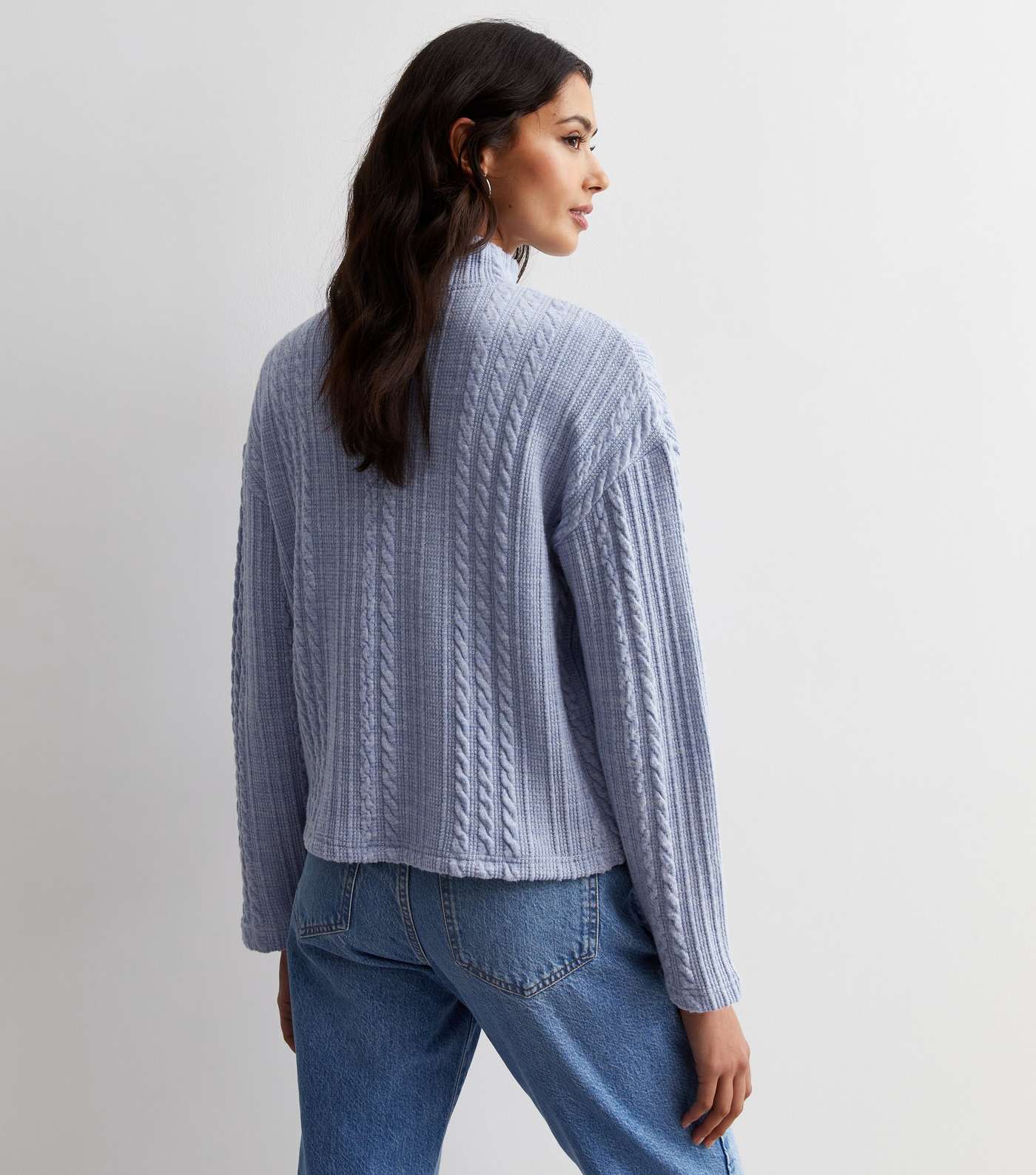 Blue Cable Knit High Neck Boxy Jumper Image 4