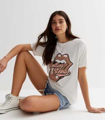 Cream Leopard Lips Rolling Stones Oversized Logo T-Shirt