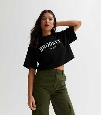 Petite Black Brooklyn Logo Crop T-Shirt