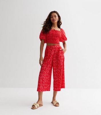 Red Floral High Waist Wide Leg Trousers  New Look