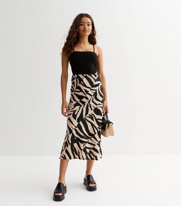 Petite Black Animal Print Bias Cut Midi Skirt New Look