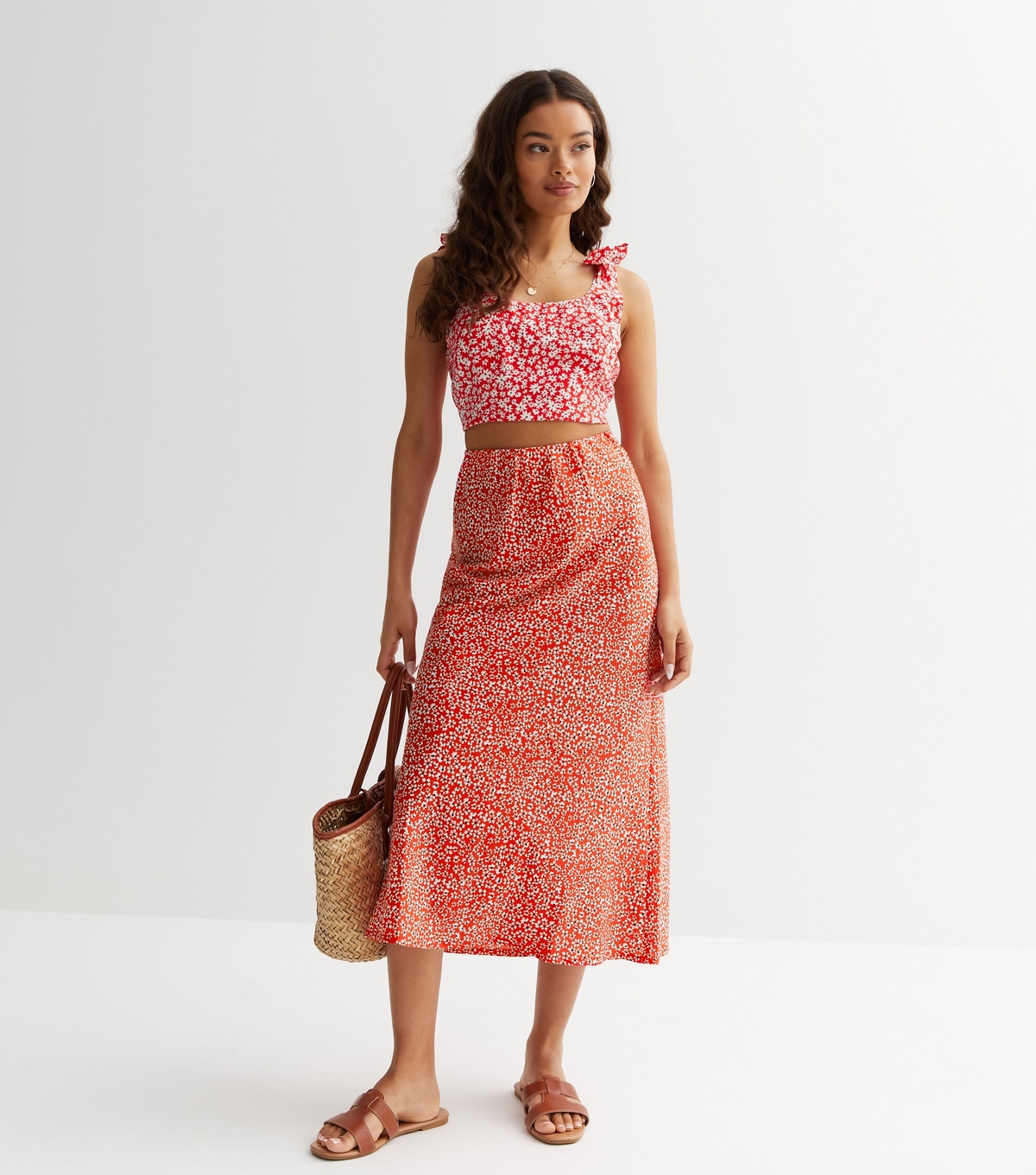Women's Petite Red Ditsy Floral Bias Cut Midi Skirt New Look