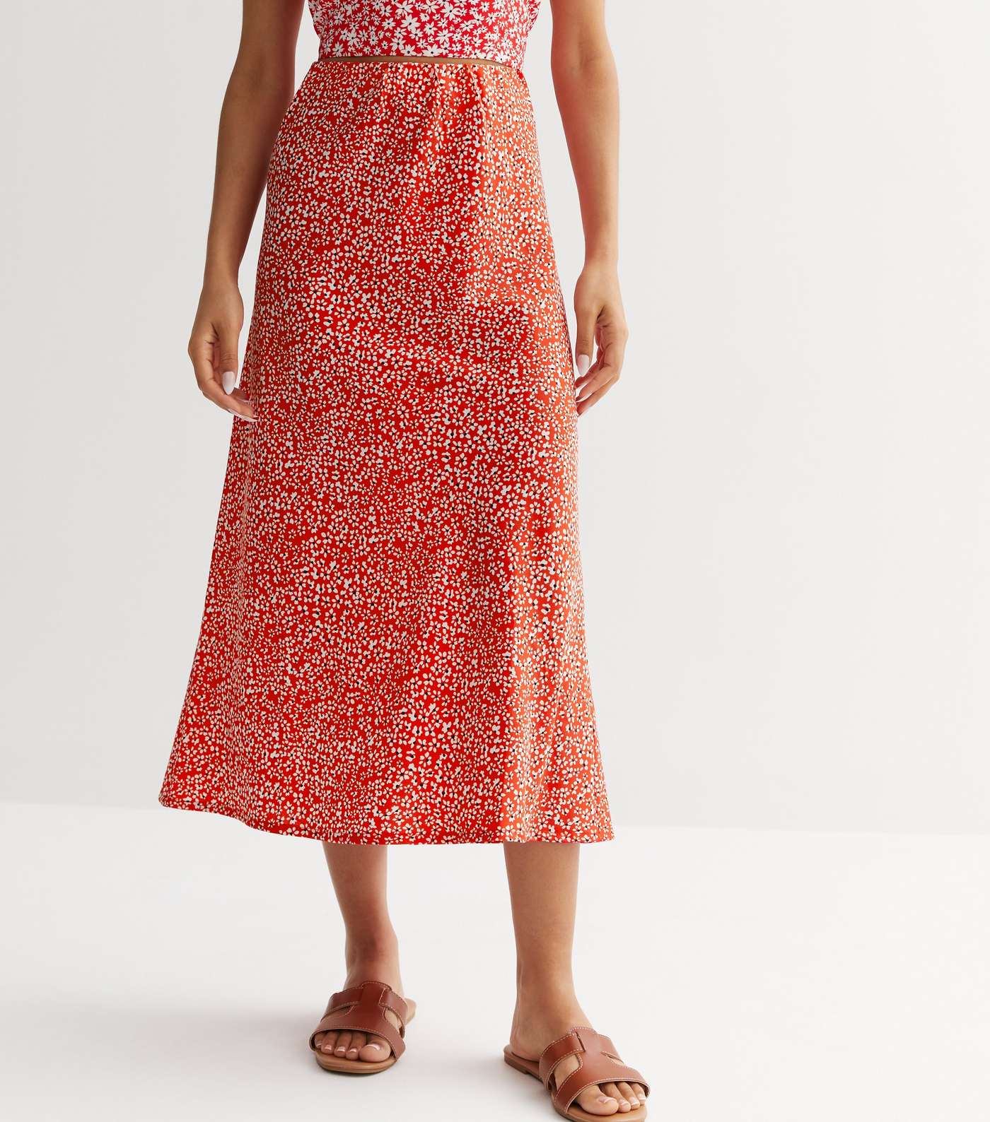 Petite Red Ditsy Floral Bias Cut Midi Skirt Image 2