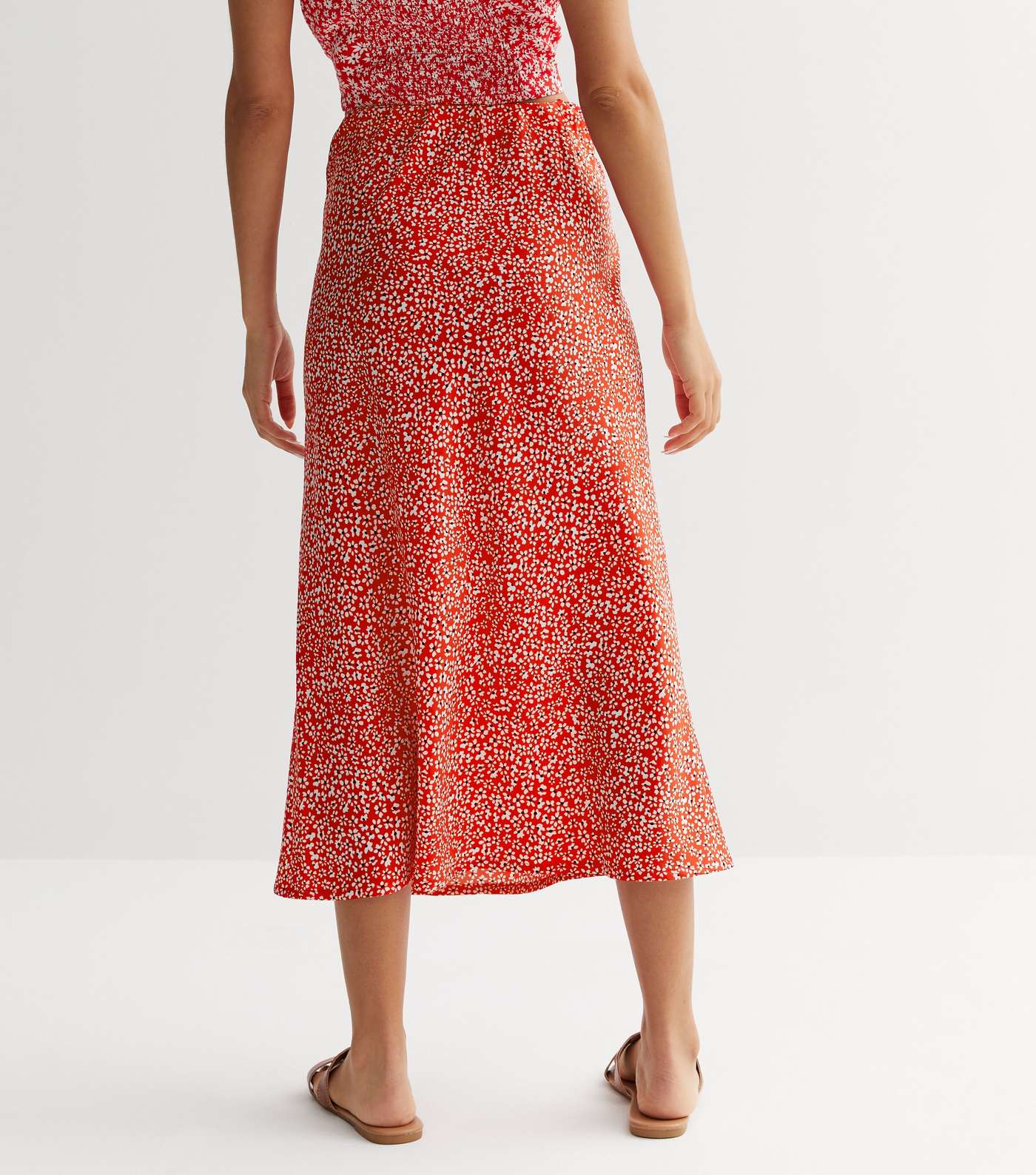 Petite Red Ditsy Floral Bias Cut Midi Skirt Image 4