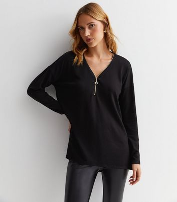 Black Zip Neck Long Sleeve Top New Look