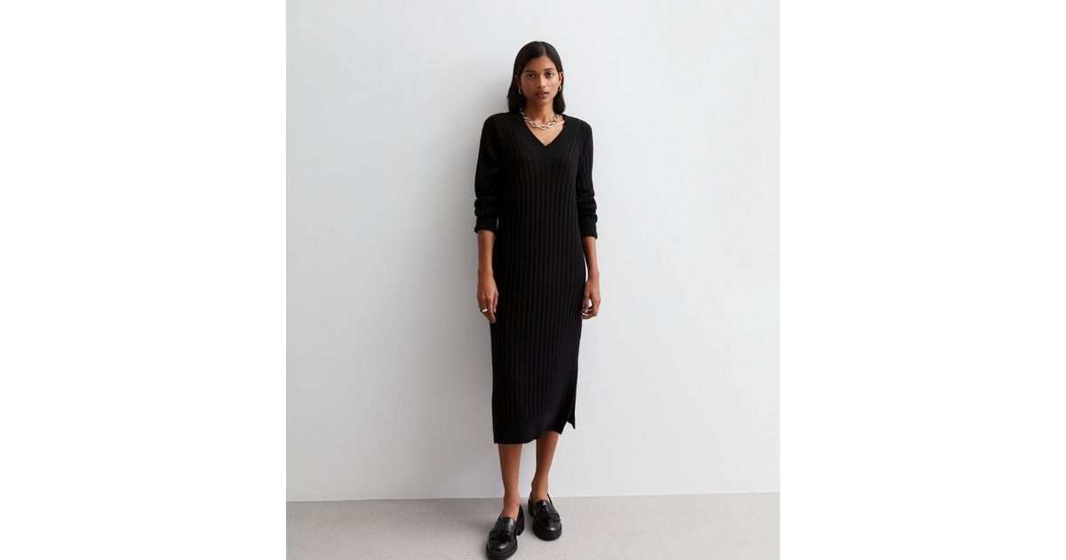 Black Ribbed Knit Short Sleeve Midi Dress