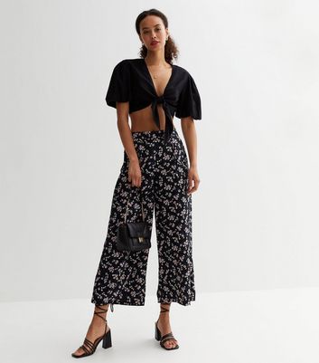 tall black floral wide leg crop trousers