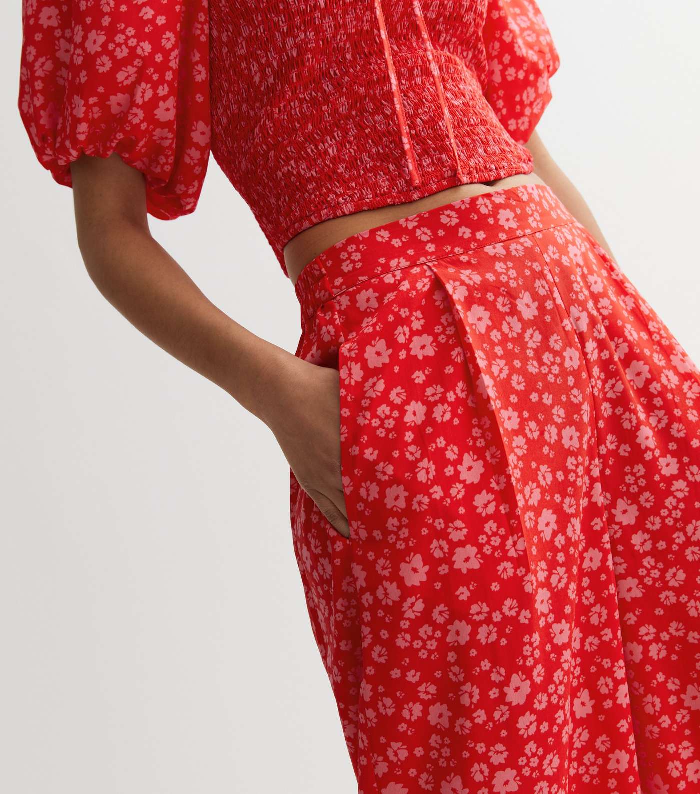 Tall Red Floral Wide Leg Crop Trousers Image 3