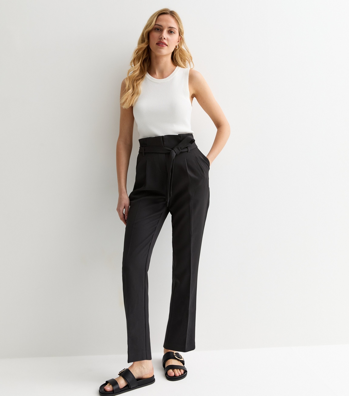 Women's Black High Waist Belted Paperbag Trousers New Look