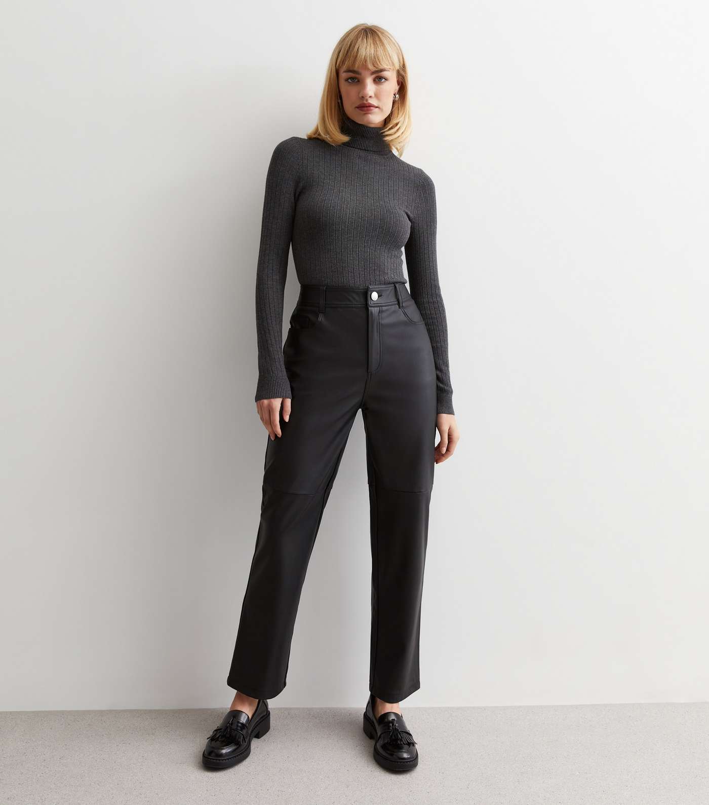 Black Leather-Look Straight Leg Trousers | New Look
