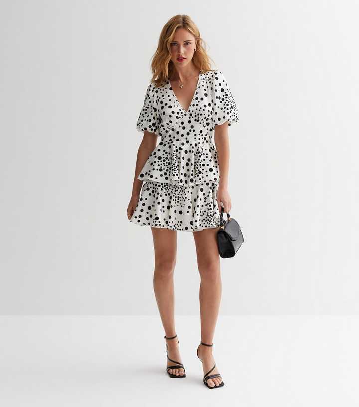 White Spot Puff Sleeve Tiered Mini Dress