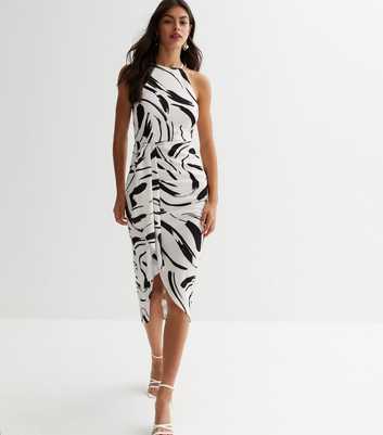White Abstract Ruffle Wrap Midi Dress