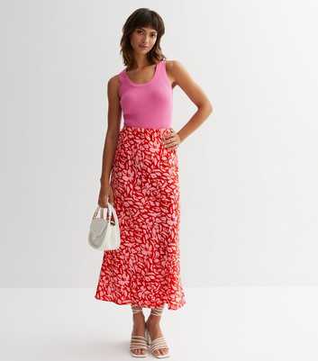 Red Floral High Waist Midi Skirt
