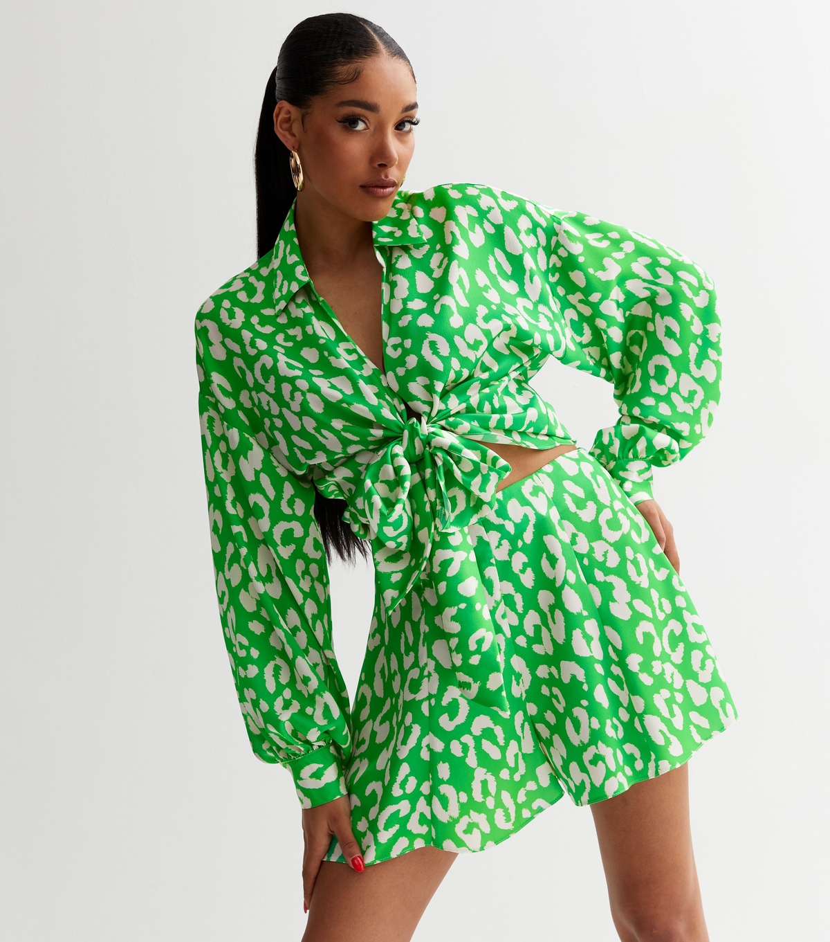 Women's Green Leopard Print Satin Flippy Shorts New Look