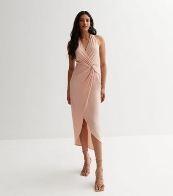 Pale Pink Wrap Front Halter Midi Dress New Look